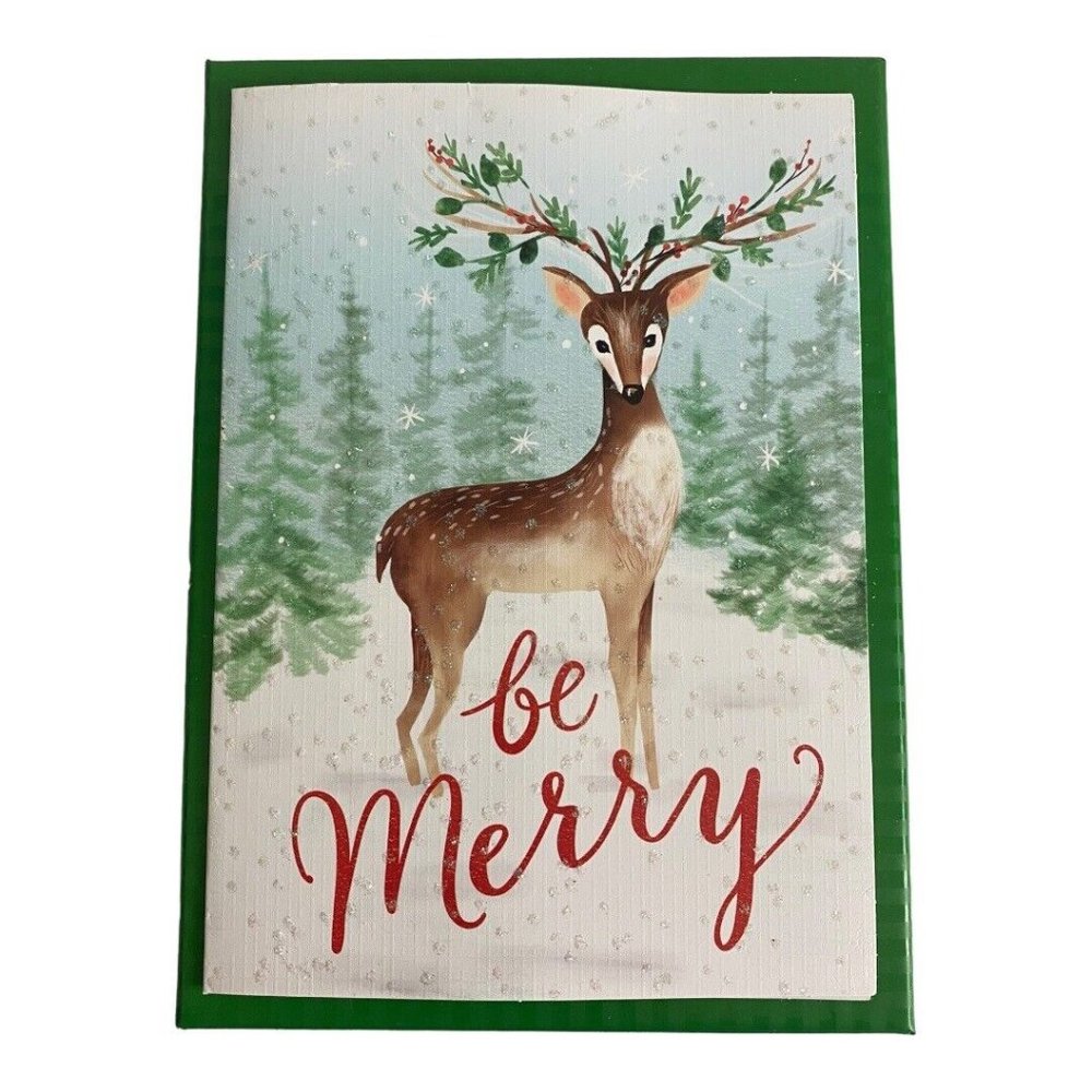 "Be Merry" Christmas Cards Reindeer Glitter Holly 20 Cards/Envelopes Green NEW
